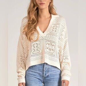 Elan Cream Open Knit Women's Sweater, V-Neck, Collared, Long Sleeve, Size M